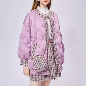 AVIRI RED Lavender Pearl Quilted Tweed Satin Embellished Puffer Jacket Coat
